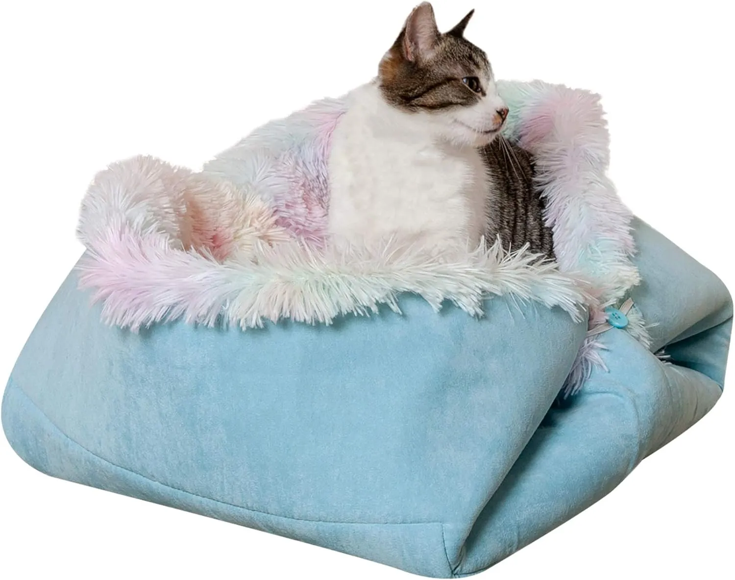 Furhaven Self-Warming Cat Bed for Indoor Cats, 4-Beds-in-1 & Washable - Plush Long Faux Fur Convertible Cuddler - Rainbow, Large