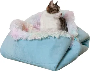 Furhaven Self-Warming Cat Bed for Indoor Cats, 4-Beds-in-1 & Washable - Plush Long Faux Fur Convertible Cuddler - Rainbow, Large