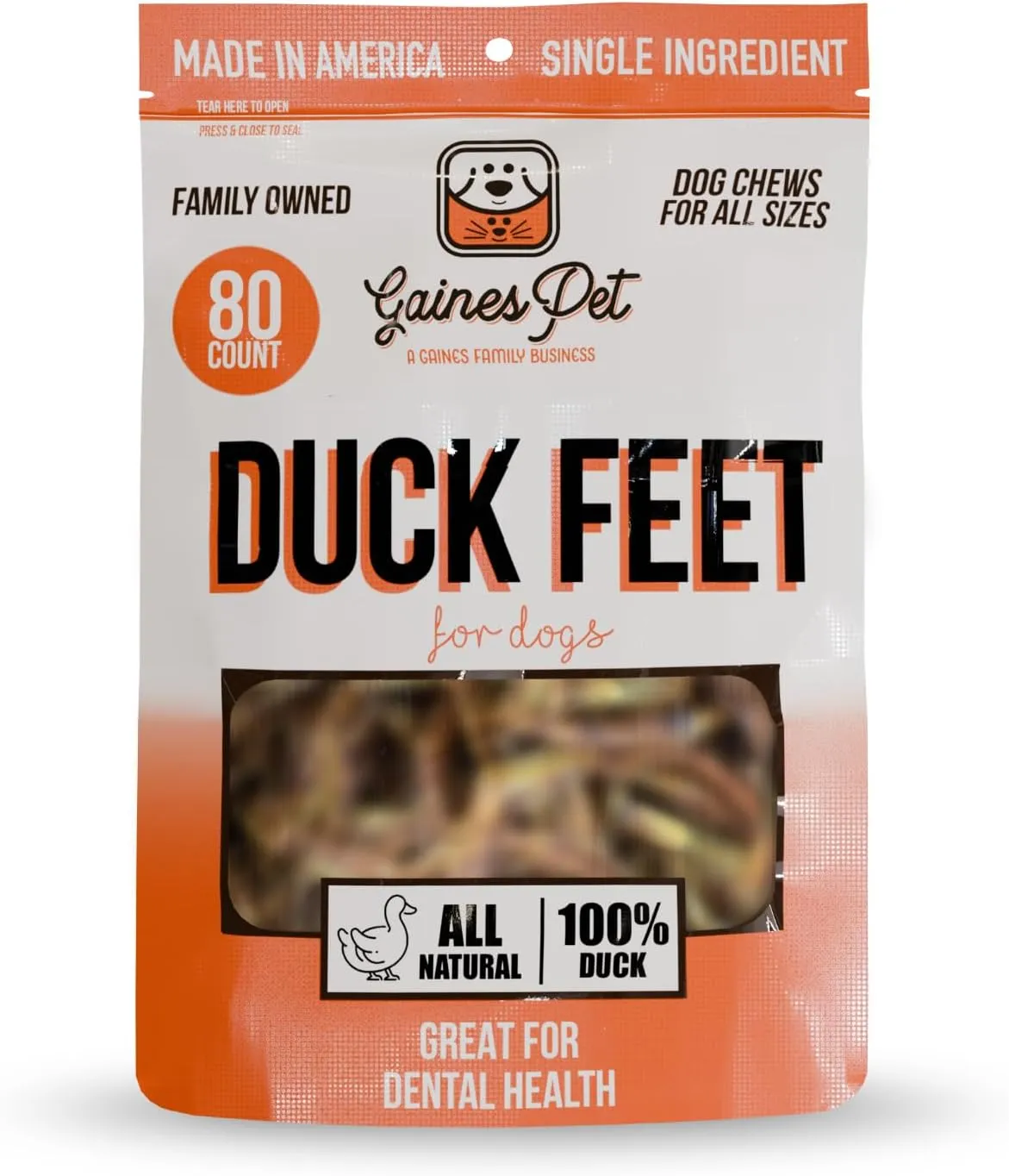 Gaines Pet Whole Duck Feet for Dogs  80 Count, Single Ingredient Dog Treats  Made in USA, Natural Dental Chews, Collagen, Glucosamine & Chondroitin  Grain-Free, Protein, Joint Support