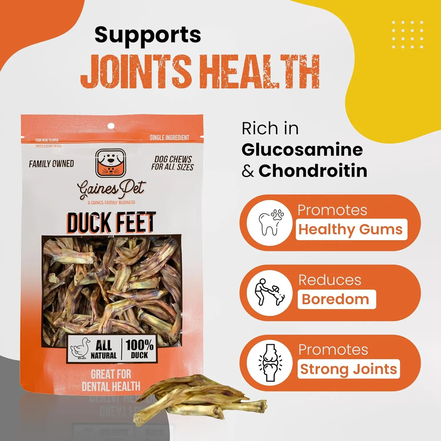 Gaines Pet Whole Duck Feet for Dogs  80 Count, Single Ingredient Dog Treats  Made in USA, Natural Dental Chews, Collagen, Glucosamine & Chondroitin  Grain-Free, Protein, Joint Support
