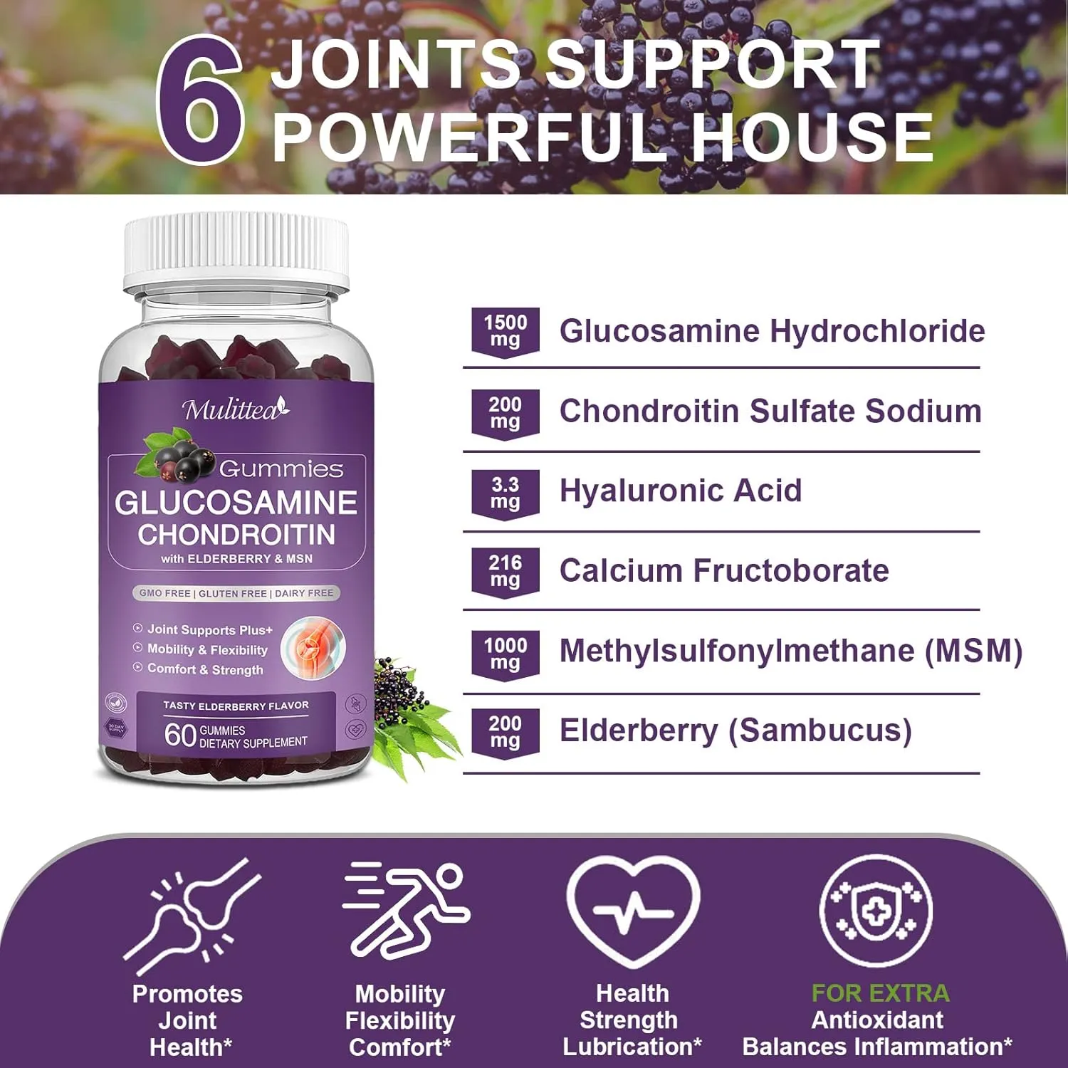 Glucosamine Chondroitin Gummies - Extra Strength Joint Support Supplement with MSM & Elderberry for Natural Joint, Antioxidant Immune Support for Adults, Men & Women-(2 Pack)