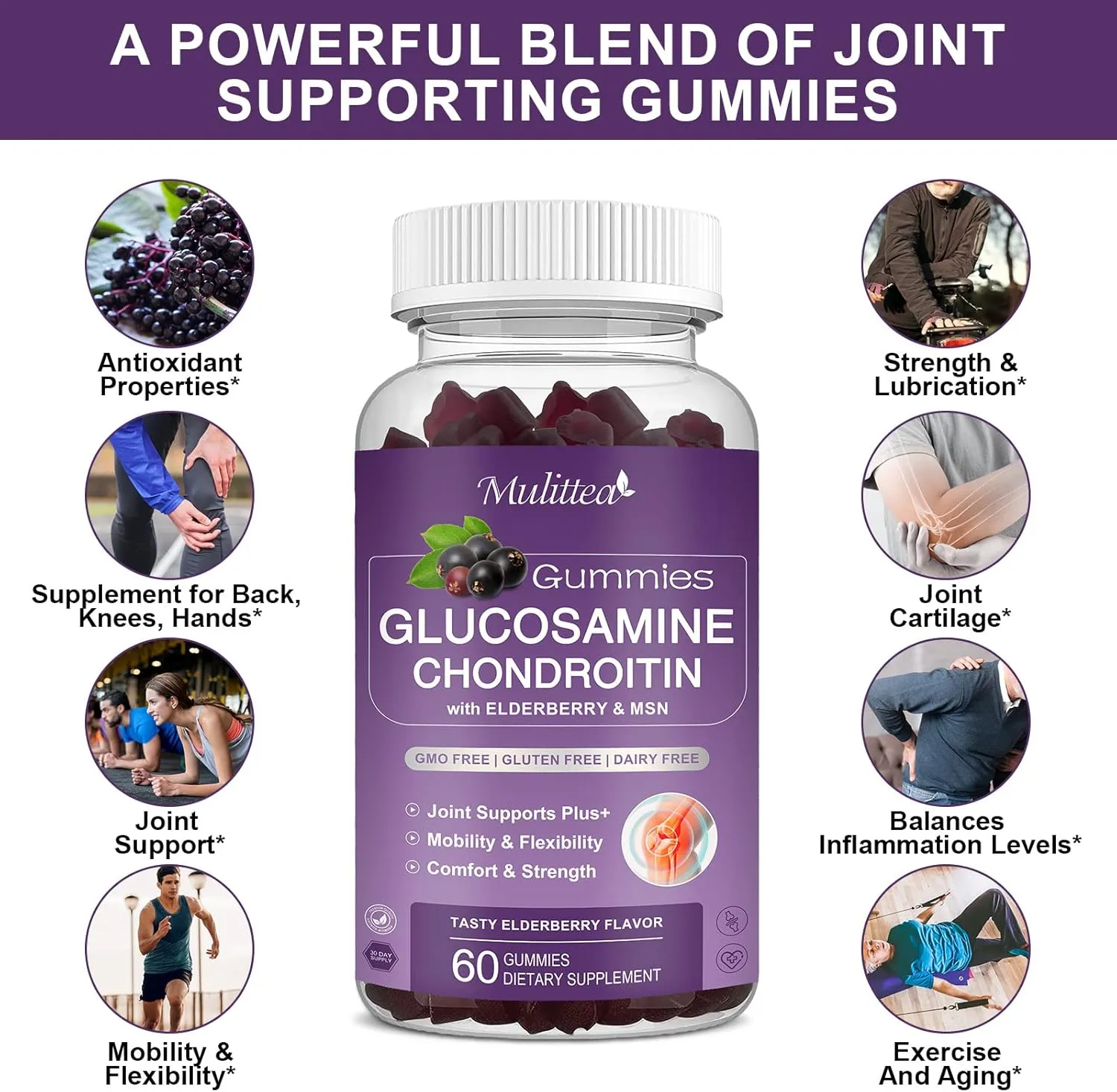 Glucosamine Chondroitin Gummies - Extra Strength Joint Support Supplement with MSM & Elderberry for Natural Joint, Antioxidant Immune Support for Adults, Men & Women-(2 Pack)