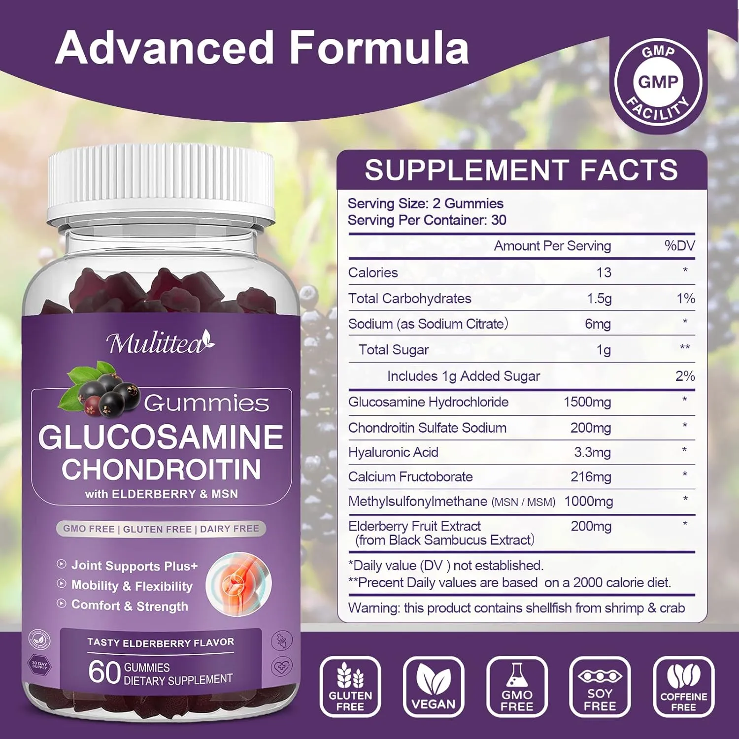 Glucosamine Chondroitin Gummies - Extra Strength Joint Support Supplement with MSM & Elderberry for Natural Joint, Antioxidant Immune Support for Adults, Men & Women-(2 Pack)
