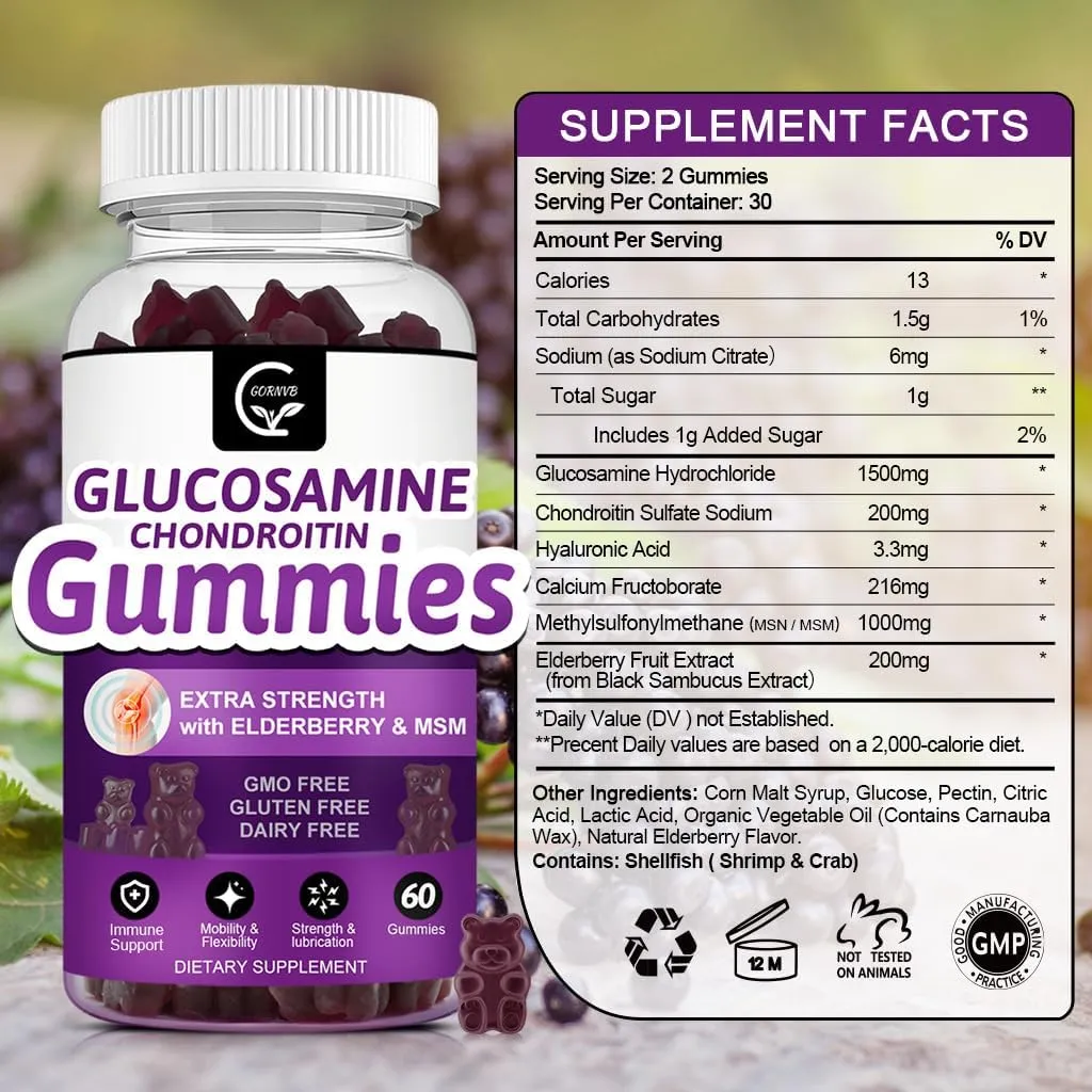 Glucosamine Chondroitin Gummies with MSM & Elderberry Extra Strength - Flexibility Support, Antioxidant Immune Support Supplement for Adults, Men & Women - 60 Chondroitin Gummies (2 Pack)