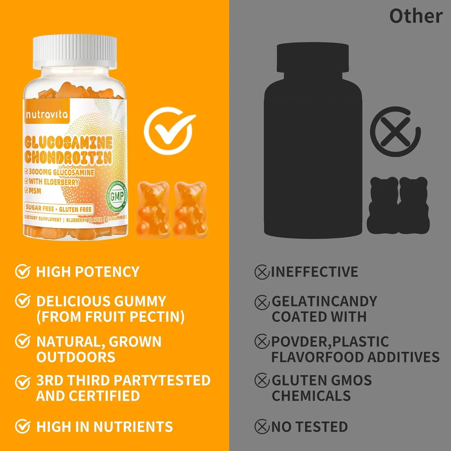 Glucosamine Chondroitin Gummies with MSM & Elderberry Extra Strength - Joint Support, Antioxidant Immune Support Supplement for Adults, Men & Women.120 Orange Chews