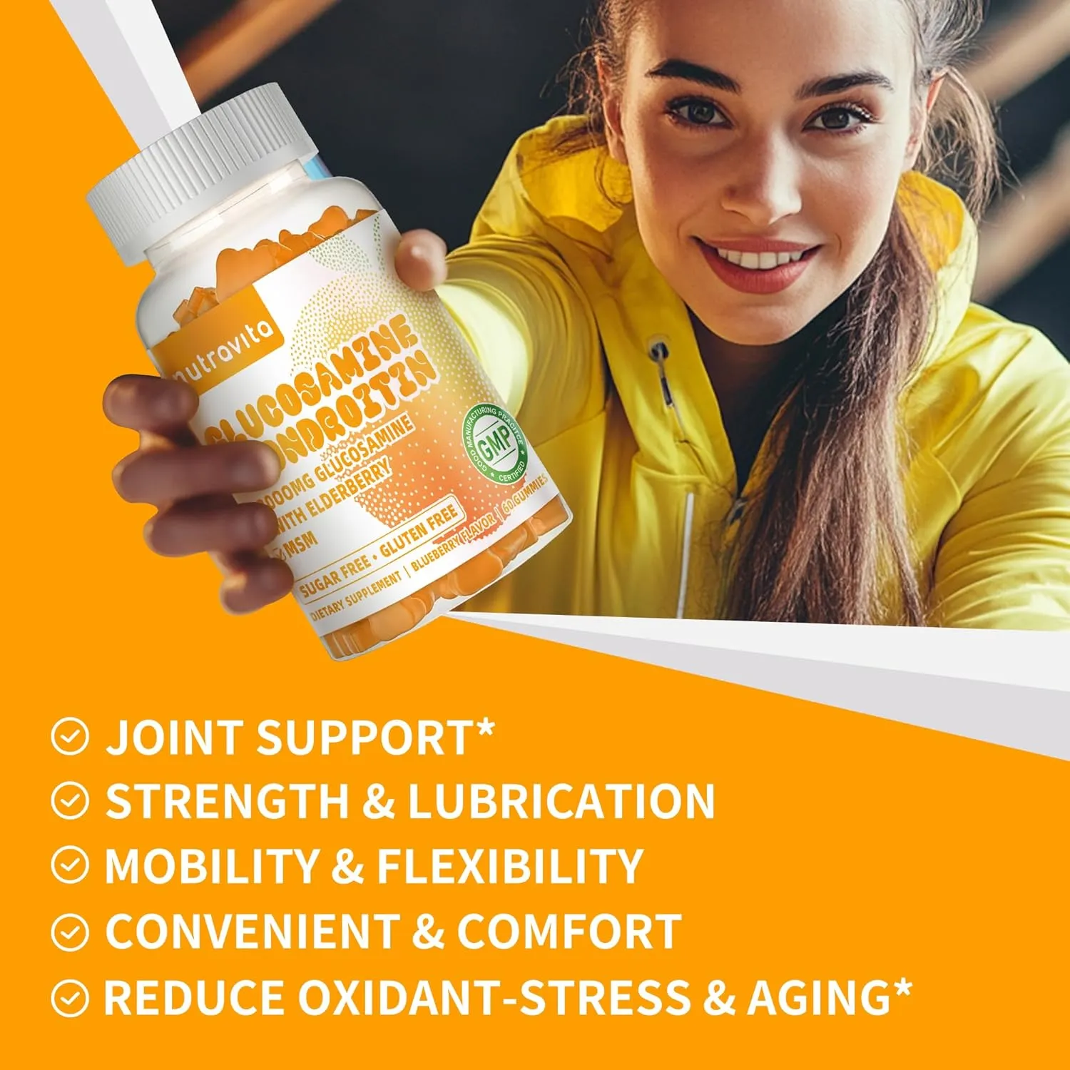 Glucosamine Chondroitin Gummies with MSM & Elderberry Extra Strength - Joint Support, Antioxidant Immune Support Supplement for Adults, Men & Women.120 Orange Chews