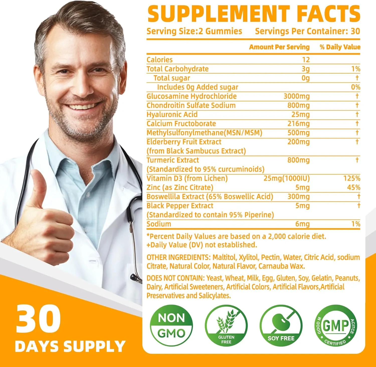 Glucosamine Chondroitin Gummies with MSM & Elderberry Extra Strength - Joint Support, Antioxidant Immune Support Supplement for Adults, Men & Women.120 Orange Chews