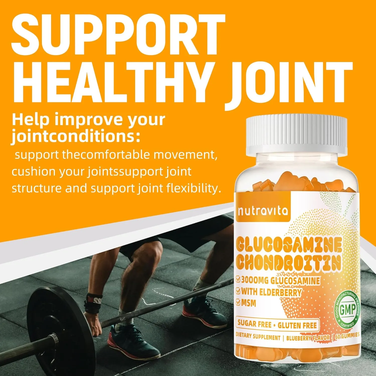 Glucosamine Chondroitin Gummies with MSM & Elderberry Extra Strength - Joint Support, Antioxidant Immune Support Supplement for Adults, Men & Women.120 Orange Chews