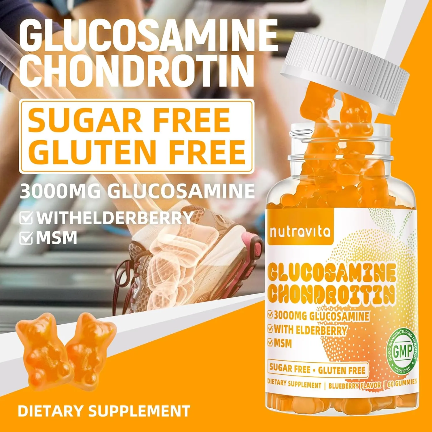 Glucosamine Chondroitin Gummies with MSM & Elderberry Extra Strength - Joint Support, Antioxidant Immune Support Supplement for Adults, Men & Women.120 Orange Chews