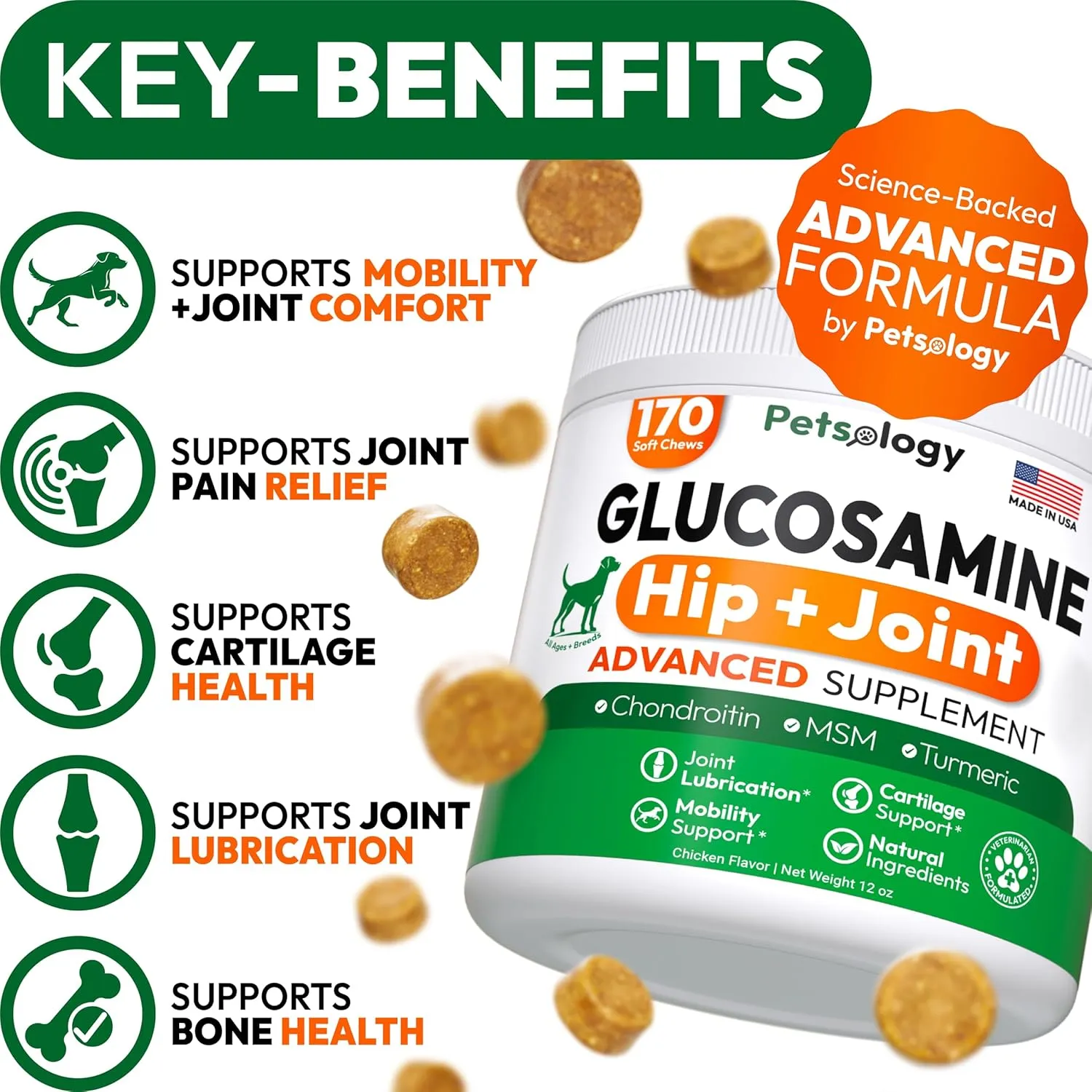 Glucosamine for Dogs - Hip and Joint Supplement for Dogs - 170 Mobility Chews - Glucosamine Chondroitin - MSM - Turmeric - Joint Pain Relief - Advanced Support for Dog Health - Made in USA