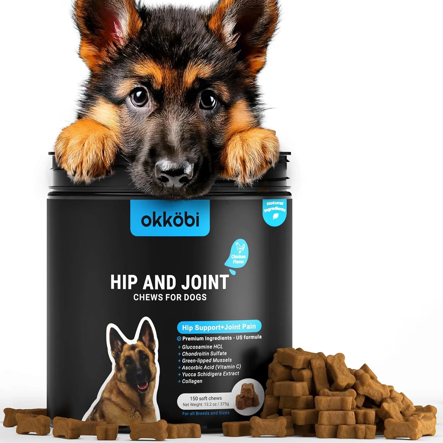 Glucosamine HCL & Hip and Joint Supplement for Dogs - 150 pcs - Hip and Joint Chews for Dogs - Vet Approved US Formula with MSM & Green Lipped Mussel - Chicken