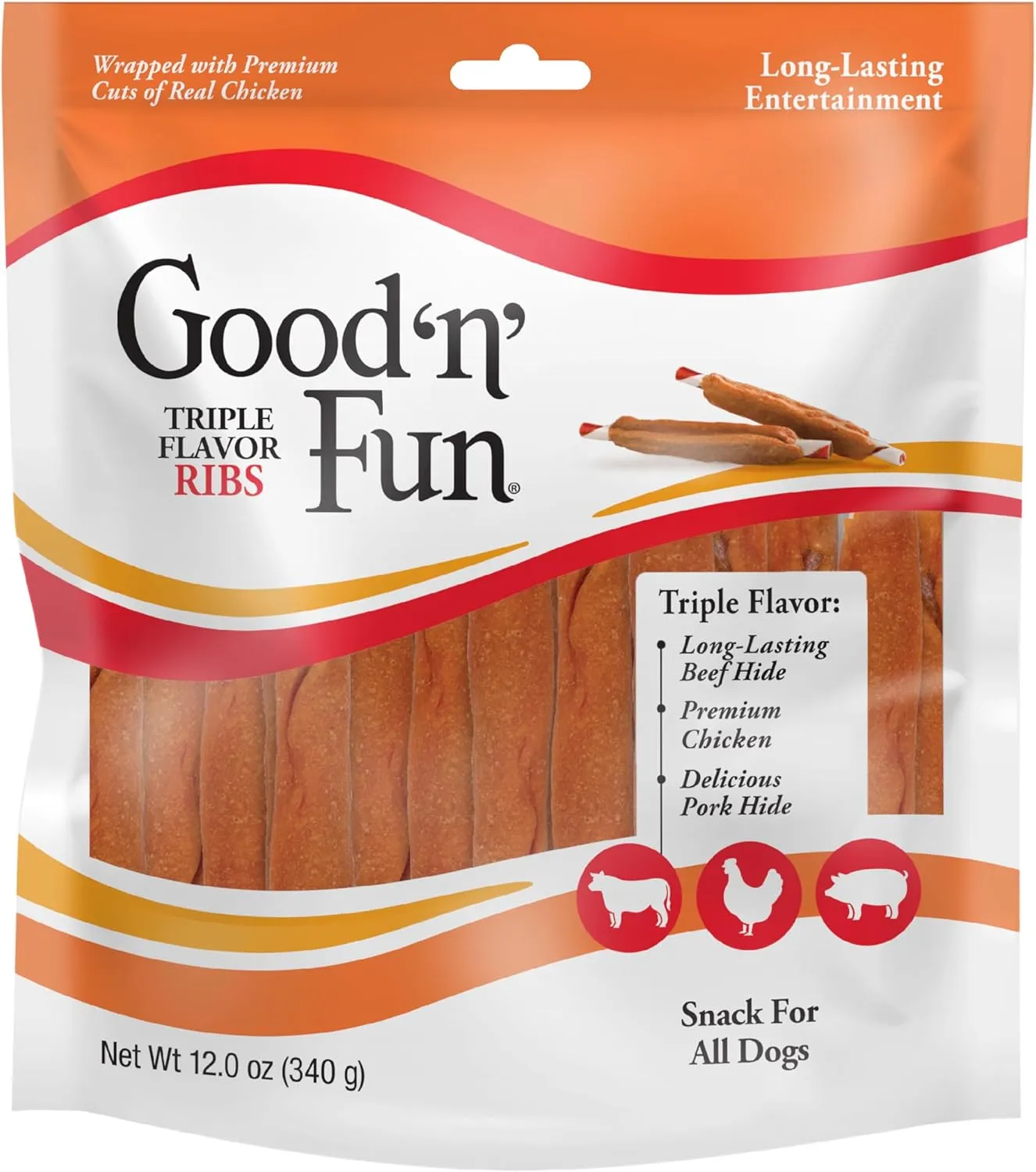 Good n Fun Triple Flavor Ribs Chews for All Dogs, Treat Your Dog to Long-Lasting Chews Made with Beef Hide, Chicken and Pork Hide, 12 Ounces