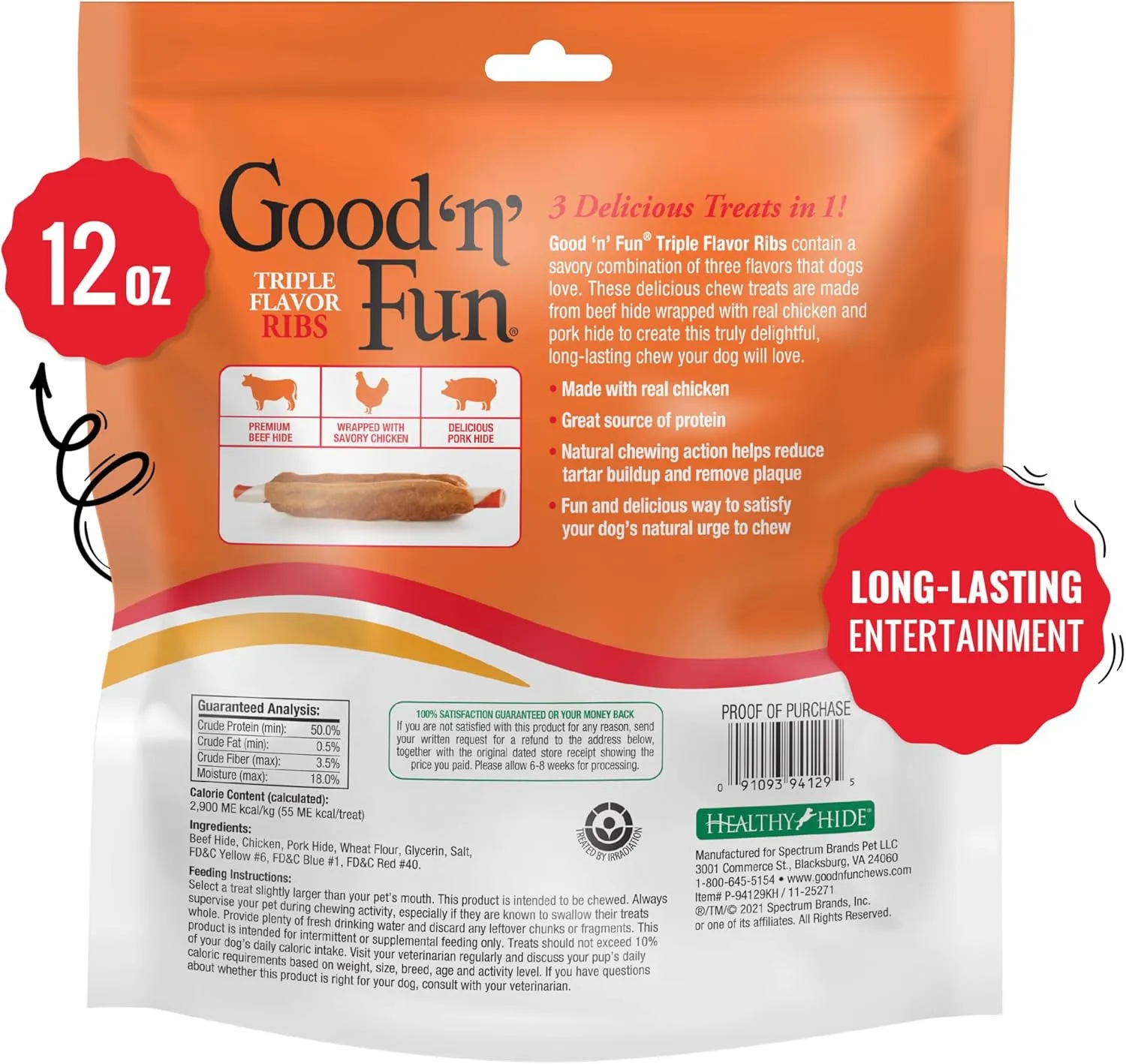 Good n Fun Triple Flavor Ribs Chews for All Dogs, Treat Your Dog to Long-Lasting Chews Made with Beef Hide, Chicken and Pork Hide, 12 Ounces