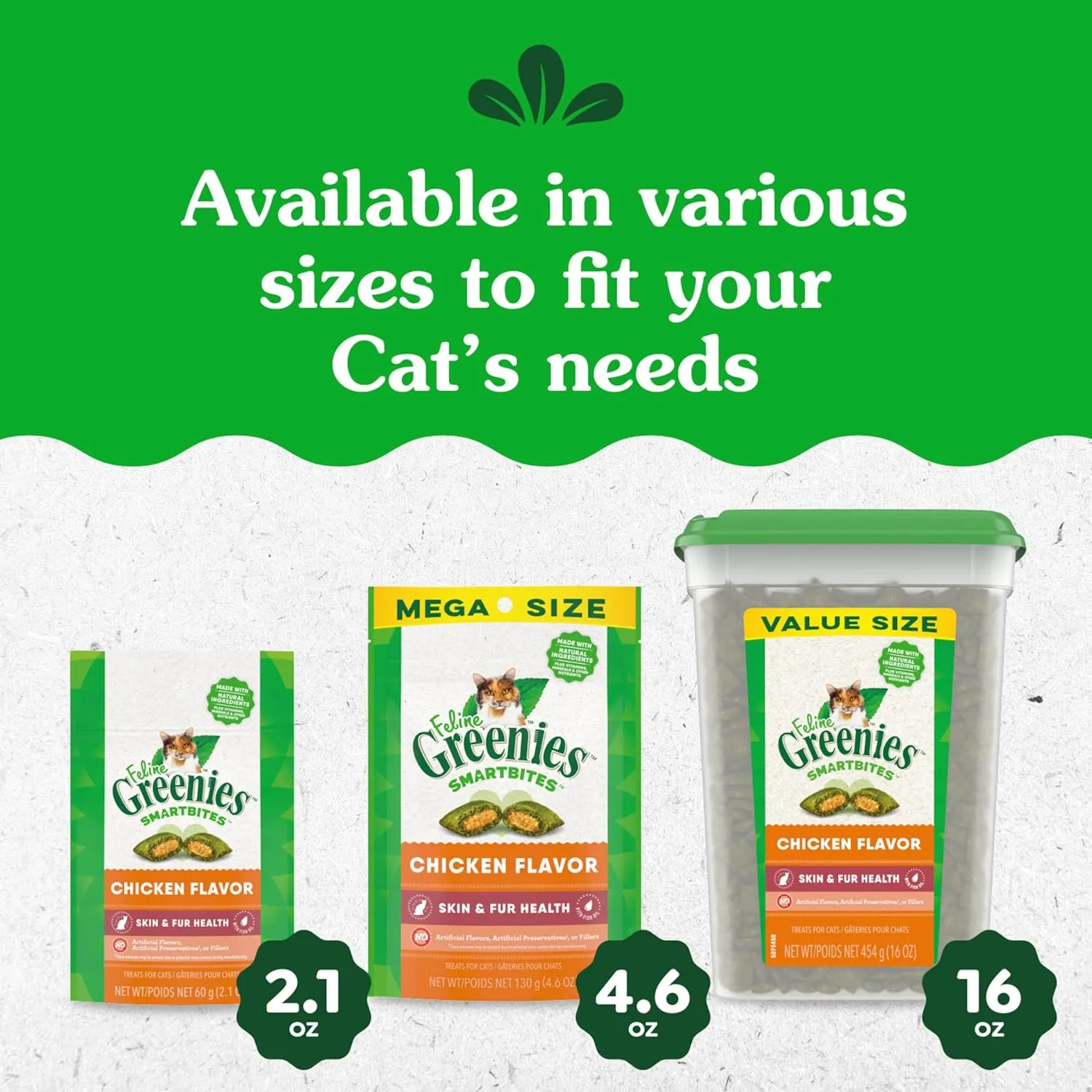 Greenies Feline Smartbites Skin & Fur Crunchy and Soft Natural Cat Treats, Chicken Flavor, 4.6 oz. Pouch