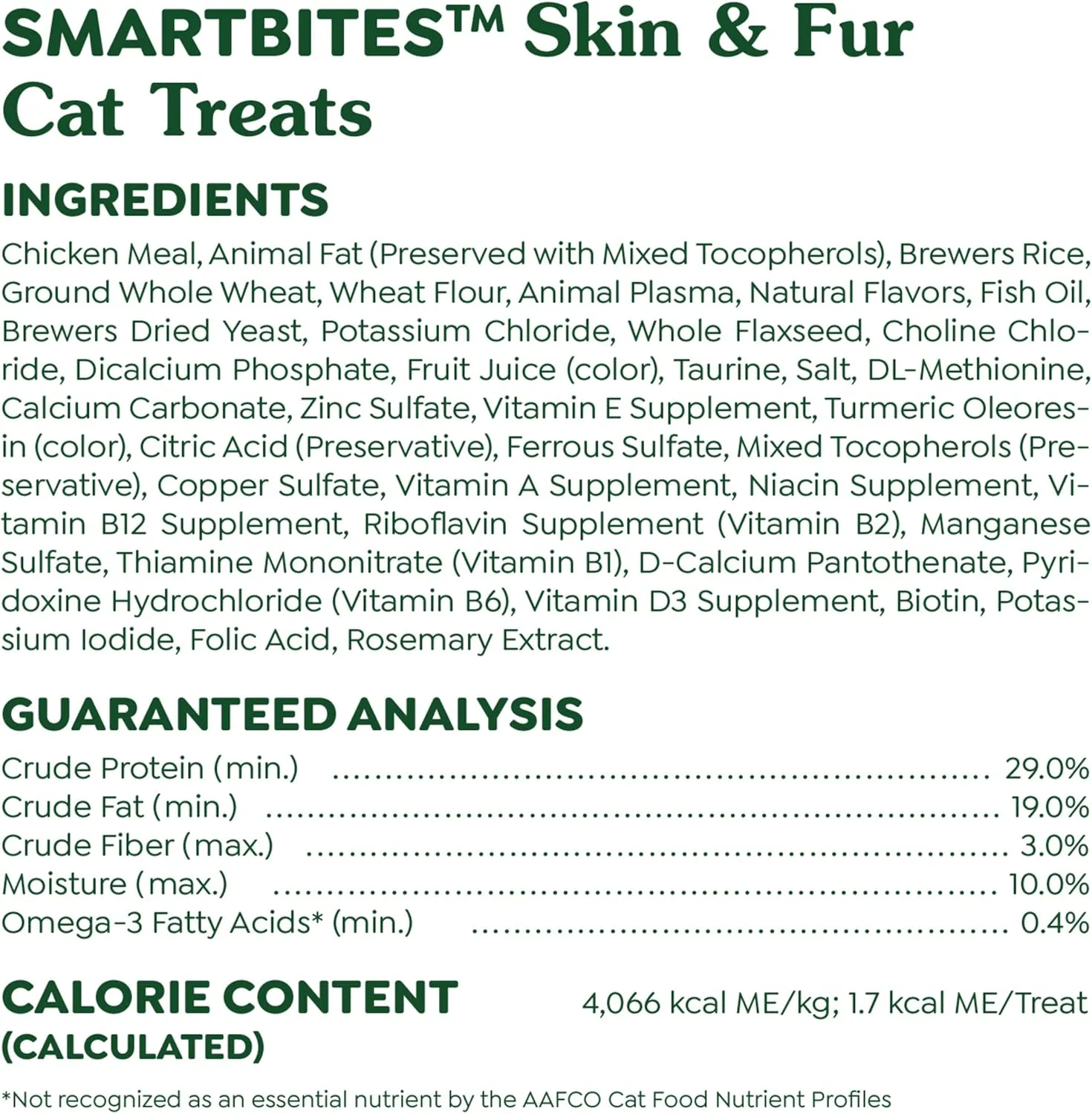 Greenies Feline Smartbites Skin & Fur Crunchy and Soft Natural Cat Treats, Chicken Flavor, 4.6 oz. Pouch