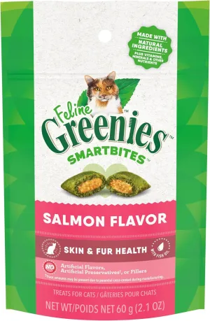 Greenies Feline Smartbites Skin & Fur Crunchy and Soft Natural Cat Treats, Salmon Flavor, 2.1 oz. Pouch