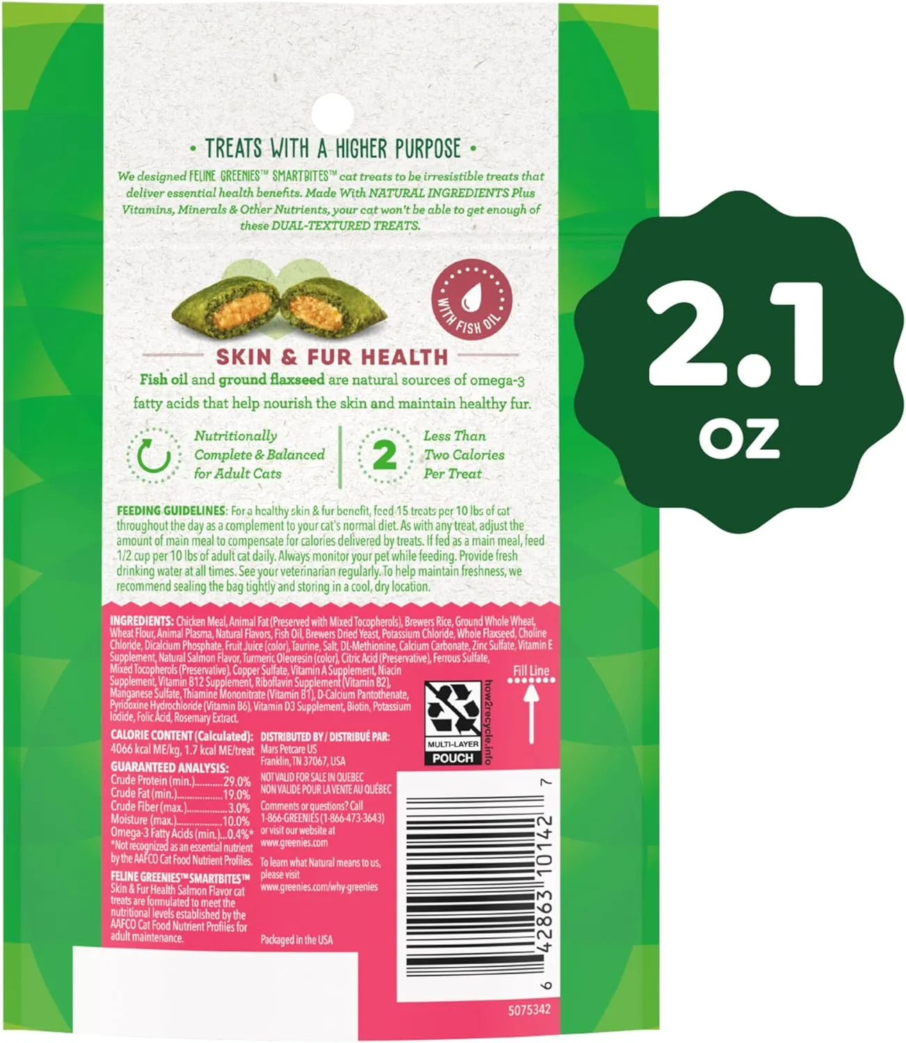 Greenies Feline Smartbites Skin & Fur Crunchy and Soft Natural Cat Treats, Salmon Flavor, 2.1 oz. Pouch