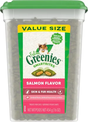 Greenies Feline Smartbites Skin & Fur Health Crunchy and Soft Natural Cat Treats, Salmon Flavor, 16 oz. Tub