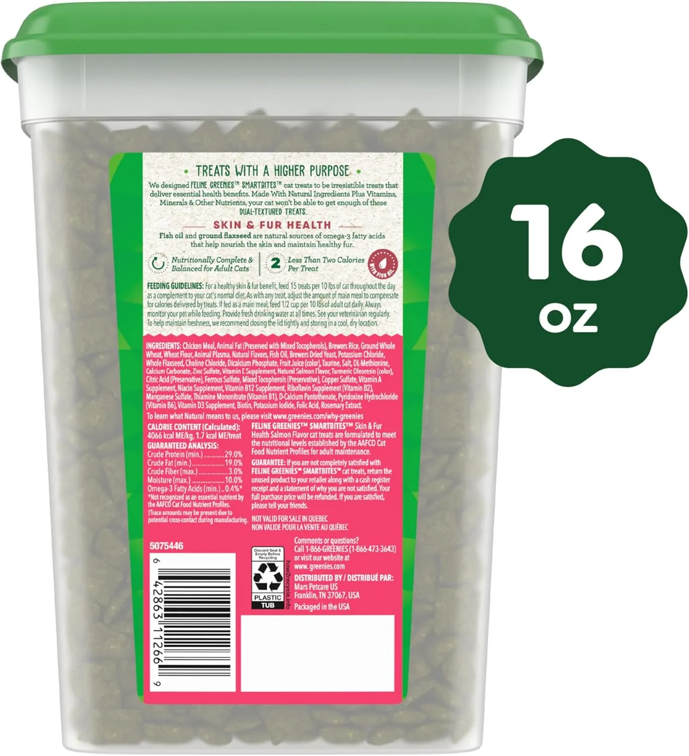 Greenies Feline Smartbites Skin & Fur Health Crunchy and Soft Natural Cat Treats, Salmon Flavor, 16 oz. Tub