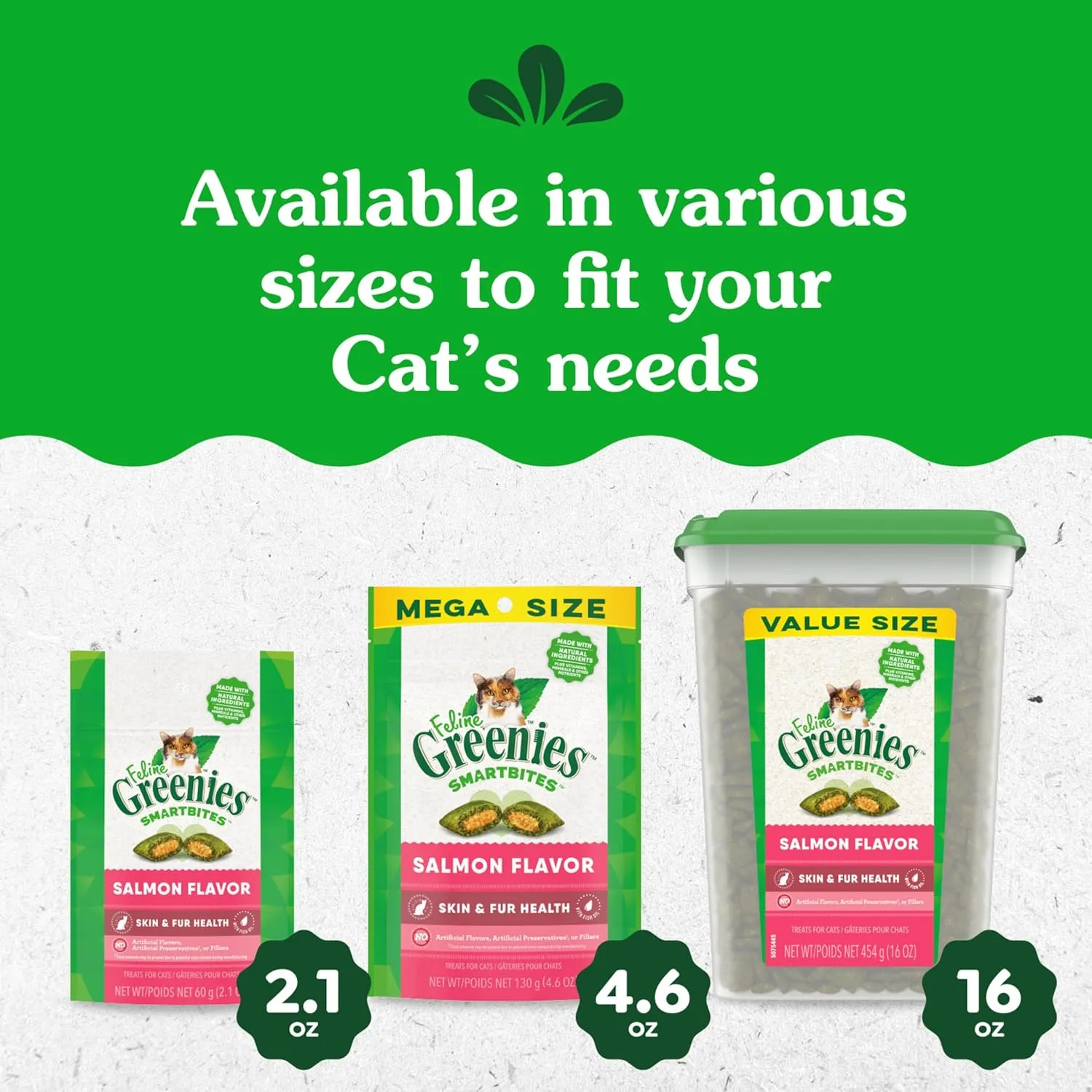 Greenies Feline Smartbites Skin & Fur Health Crunchy and Soft Natural Cat Treats, Salmon Flavor, 16 oz. Tub