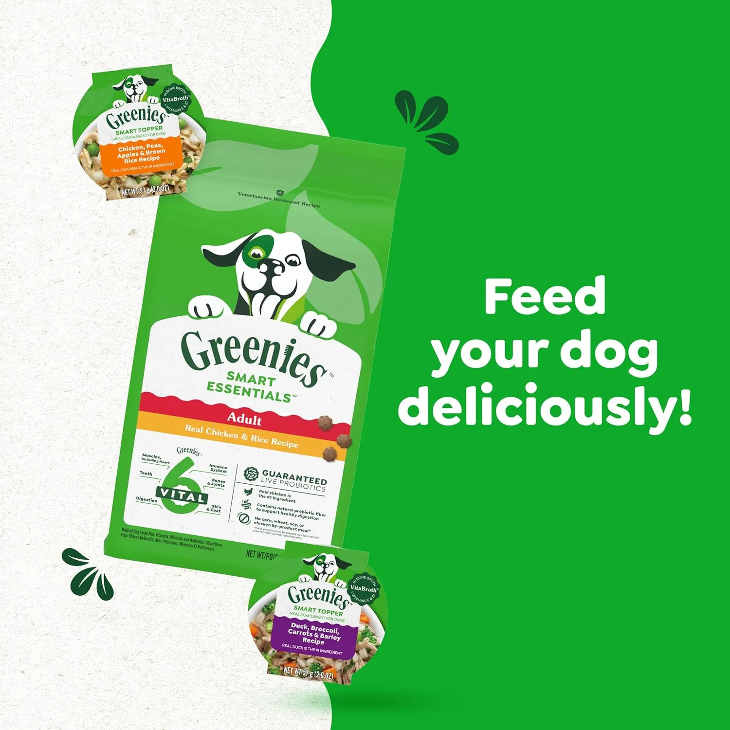 Greenies Smart Topper High Protein Wet Mix-in for Dogs, Chicken, Peas, Apples, and Brown Rice Recipe & Duck, Broccoli, Carrots and Barley Recipe Variety Pack with Whole Grains, 8 Trays of 2oz.
