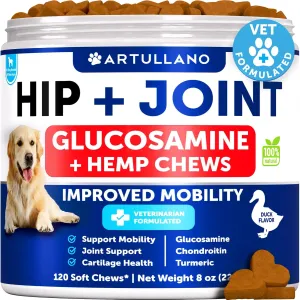 Hemp Hip and Joint Supplement for Dogs - Glucosamine for Dogs Joint Pain Relief - Chews with Chondroitin, MSM, Hemp Oil - Mobility Support, Cartilage Health - For Large, Small breeds - 120 Soft Treats