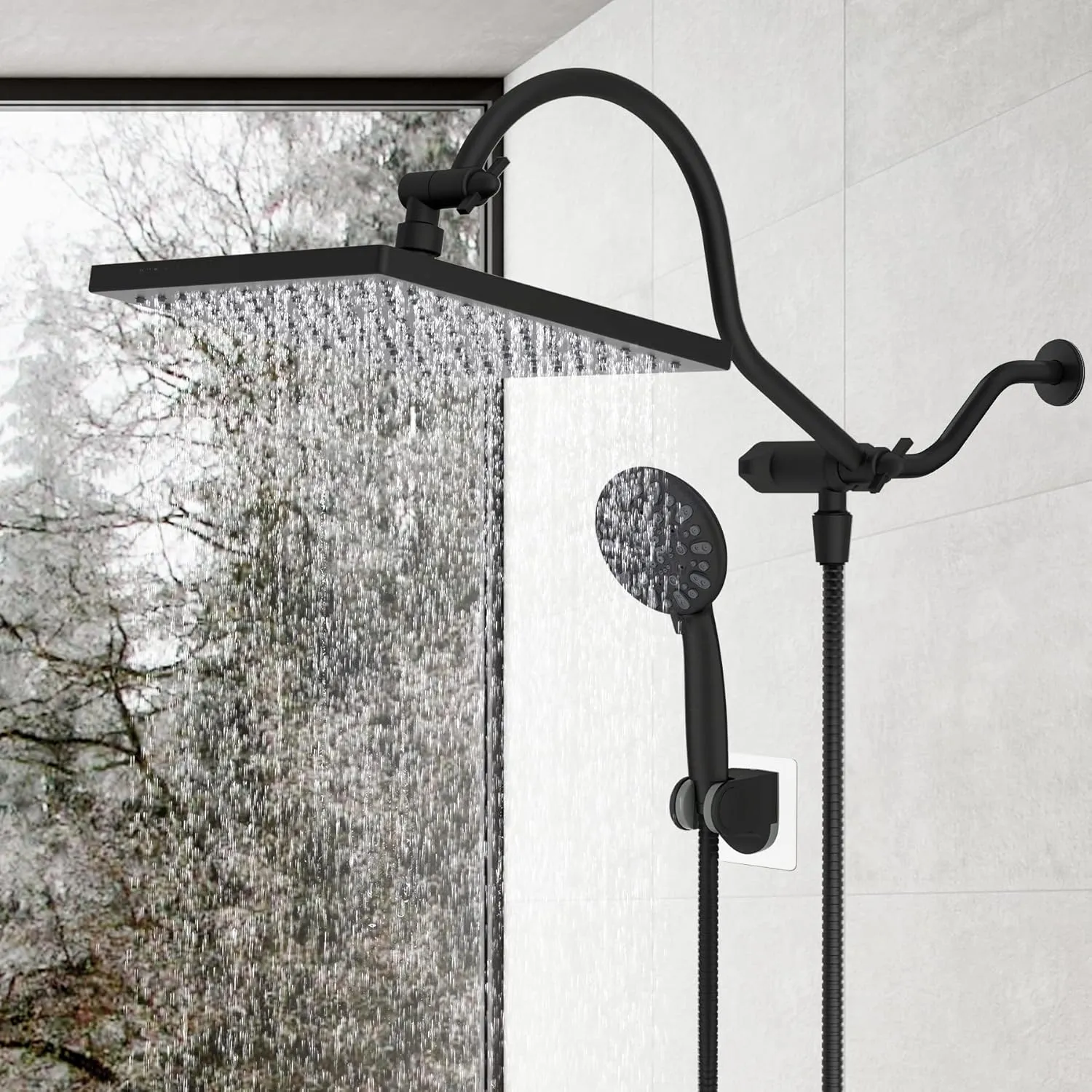 Hibbent 10 Inch High Pressure Rainfall Shower Head/Handheld Showerhead Combo with 12 Inch Adjustable Curved Shower Extension Arm,7-Spray,71-inch Hose Adhesive Showerhead Holder,Oil-Rubbed Bronze