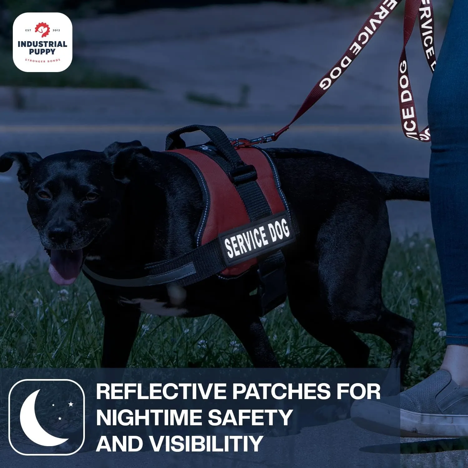 Industrial Puppy 2 Service Dog Patch with Hook Back and Reflective Lettering, Interchangable Patches, Weatherproof Polyester Durability, Tag Patches for Service Dog Vest, Small, Black