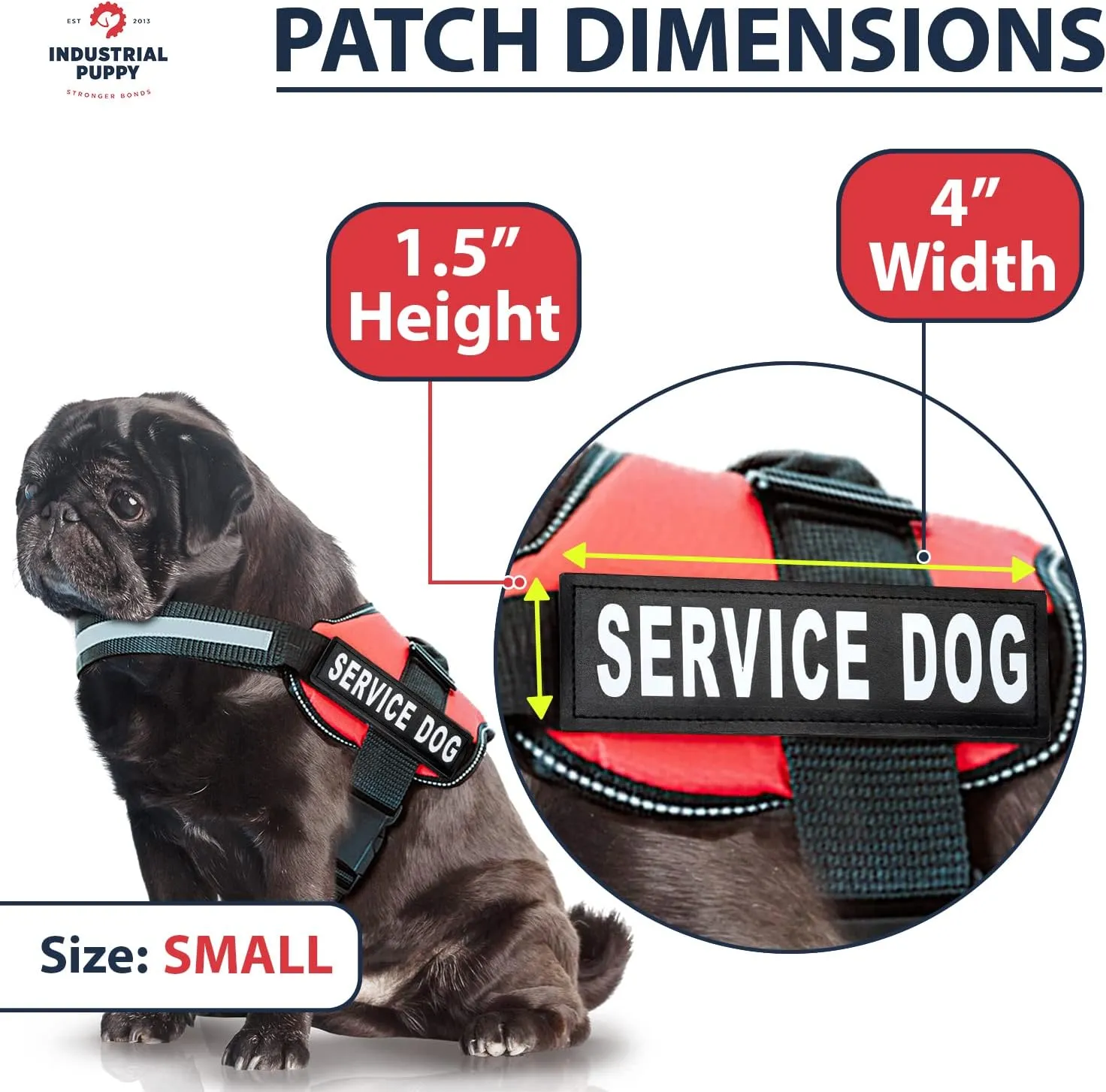Industrial Puppy 2 Service Dog Patch with Hook Back and Reflective Lettering, Interchangable Patches, Weatherproof Polyester Durability, Tag Patches for Service Dog Vest, Small, Black