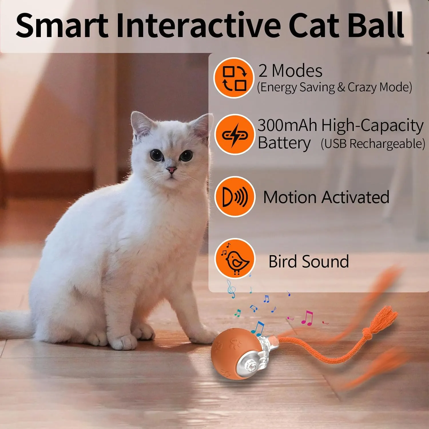 Interactive Cat Toys, Automatic Moving Cat Toys for Bored Indoor Adult Cats, Fast Rolling, Chirping & Motion-Activated Cat Toys, Fun Gift for Cats with Speedy Tail 2.0, USB Rechargeable, Orange