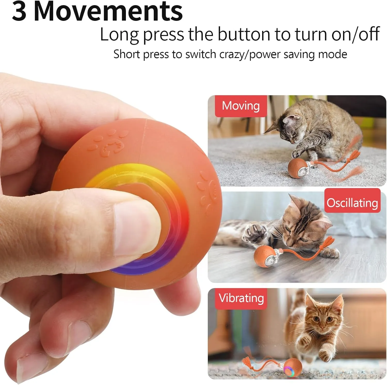 Interactive Cat Toys, Automatic Moving Cat Toys for Bored Indoor Adult Cats, Fast Rolling, Chirping & Motion-Activated Cat Toys, Fun Gift for Cats with Speedy Tail 2.0, USB Rechargeable, Orange
