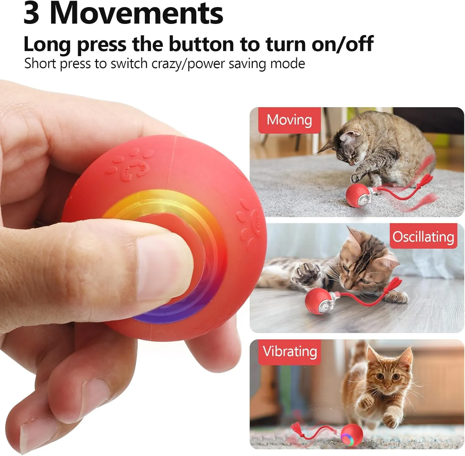 Interactive Cat Toys, Automatic Moving Cat Toys for Bored Indoor Adult Cats, Fast Rolling, Chirping & Motion-Activated Cat Toys, Fun Gift for Cats with Speedy Tail 2.0, USB Rechargeable,Red