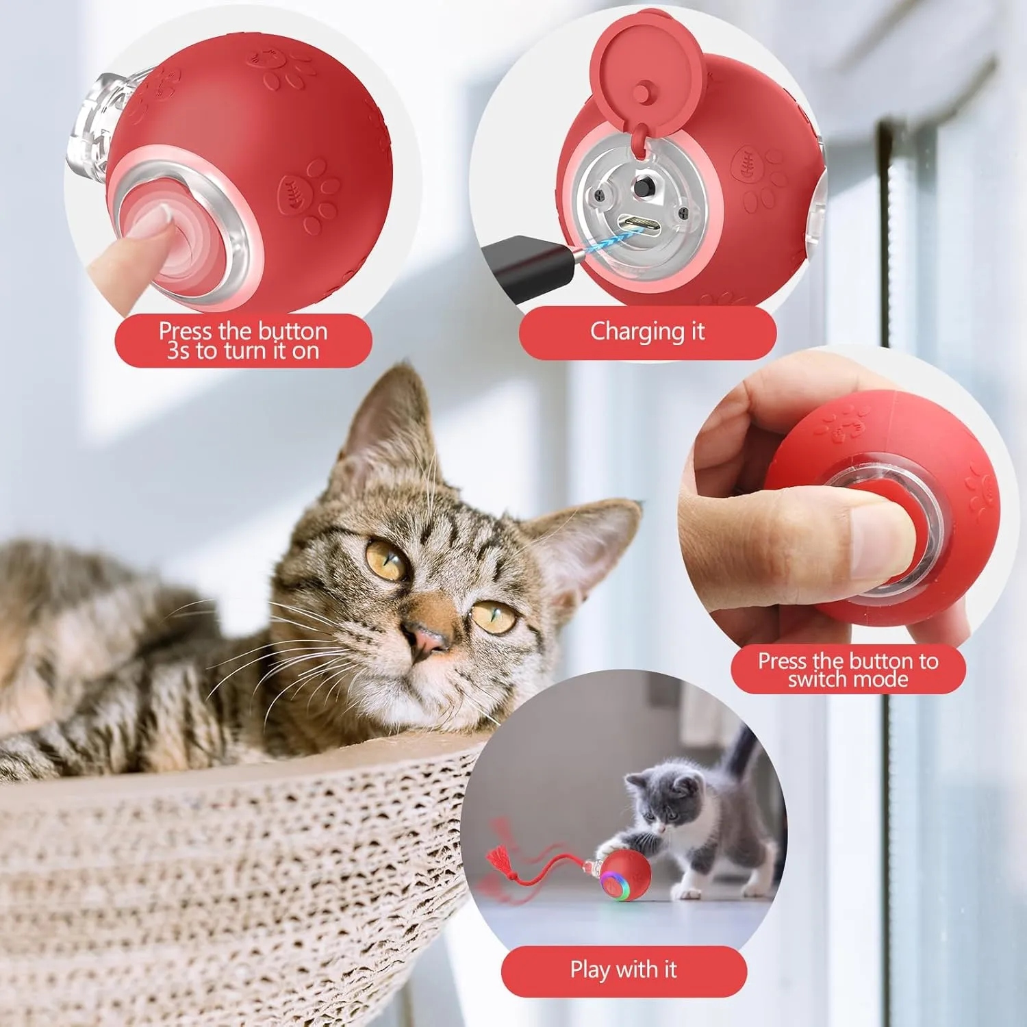 Interactive Cat Toys, Automatic Moving Cat Toys for Bored Indoor Adult Cats, Fast Rolling, Chirping & Motion-Activated Cat Toys, Fun Gift for Cats with Speedy Tail 2.0, USB Rechargeable,Red