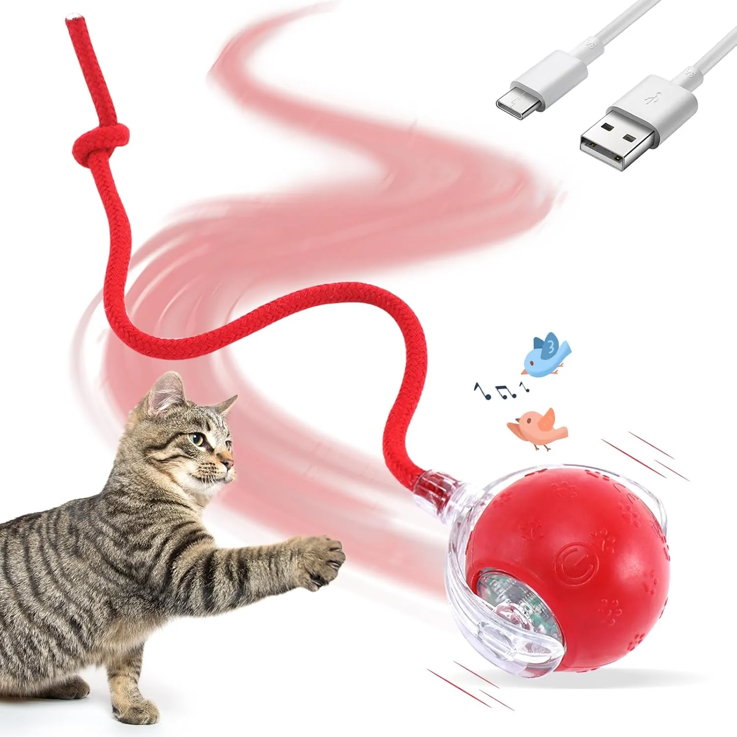 Interactive Cat Toys with Motion Activated and Chirping, Imitation Mice Design, Rechargeable Smart Pet Ball Toy for Indoor Cats and Kitten - Light Red