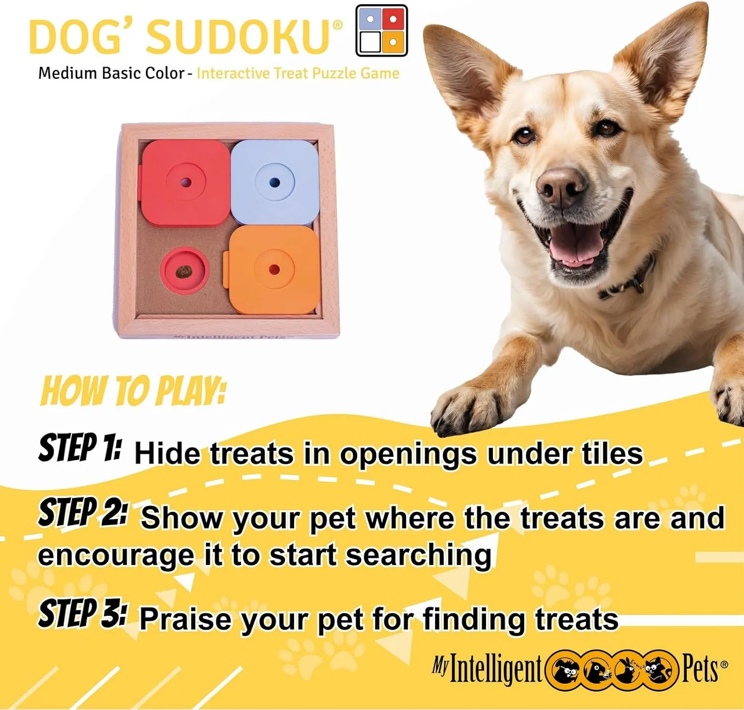 Interactive Sudoku Puzzle for Small Dogs and Cats - Basic Brain Pet Toy - 4 Treat-Hiding Holes, Medium Wood and Plastic Design