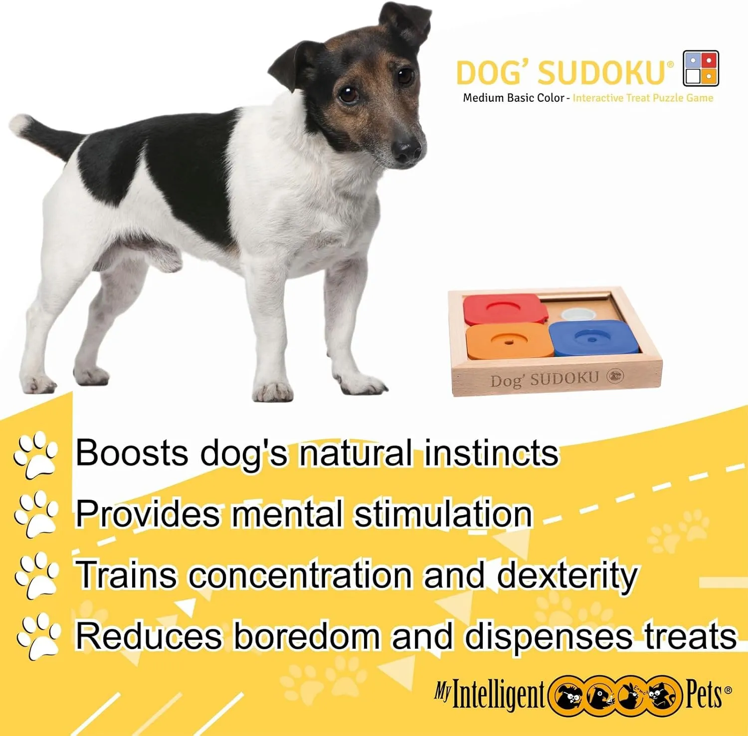 Interactive Sudoku Puzzle for Small Dogs and Cats - Basic Brain Pet Toy - 4 Treat-Hiding Holes, Medium Wood and Plastic Design
