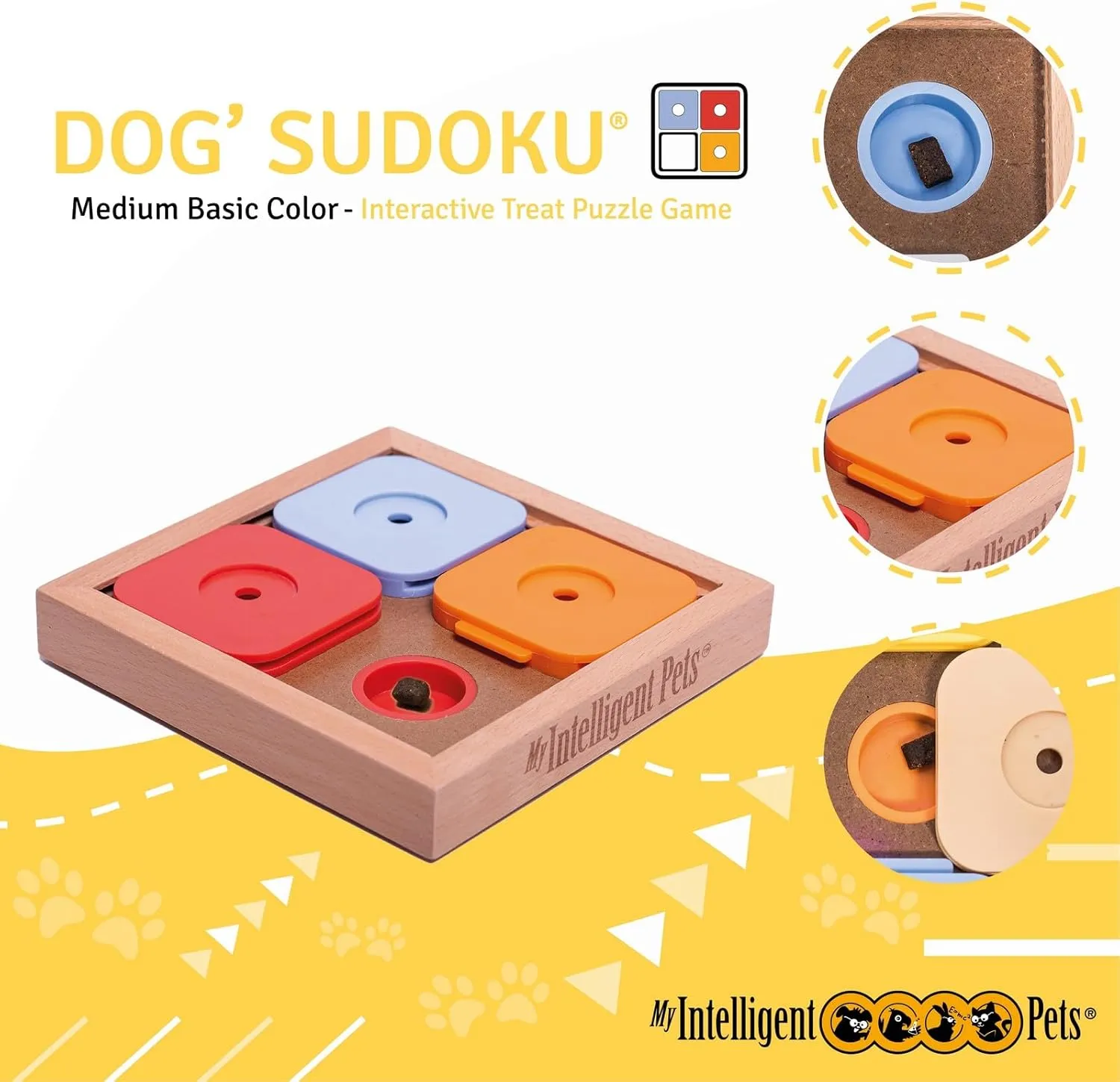 Interactive Sudoku Puzzle for Small Dogs and Cats - Basic Brain Pet Toy - 4 Treat-Hiding Holes, Medium Wood and Plastic Design