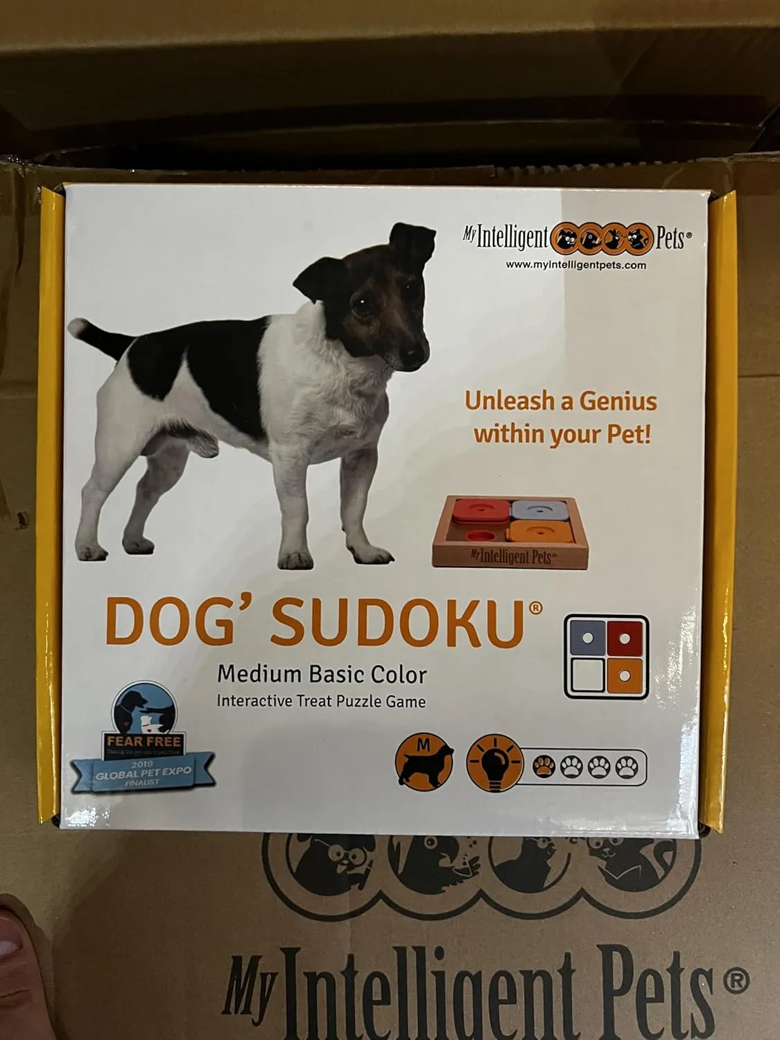 Interactive Sudoku Puzzle for Small Dogs and Cats - Basic Brain Pet Toy - 4 Treat-Hiding Holes, Medium Wood and Plastic Design