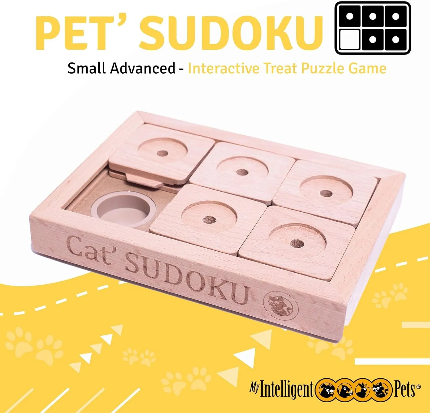 Interactive Wooden Sudoku Puzzle for Cats and Small Dogs - Advanced Brain Pet Toy - 6 Treat-Hiding Holes, Small All-Wood Design