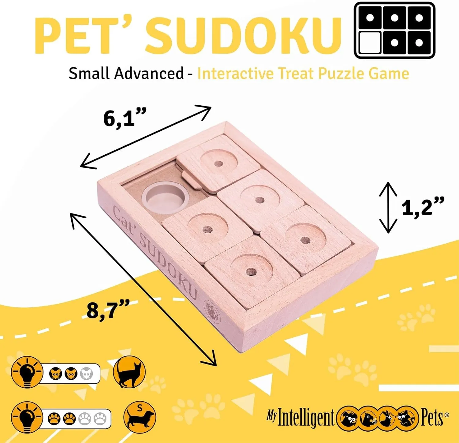 Interactive Wooden Sudoku Puzzle for Cats and Small Dogs - Advanced Brain Pet Toy - 6 Treat-Hiding Holes, Small All-Wood Design