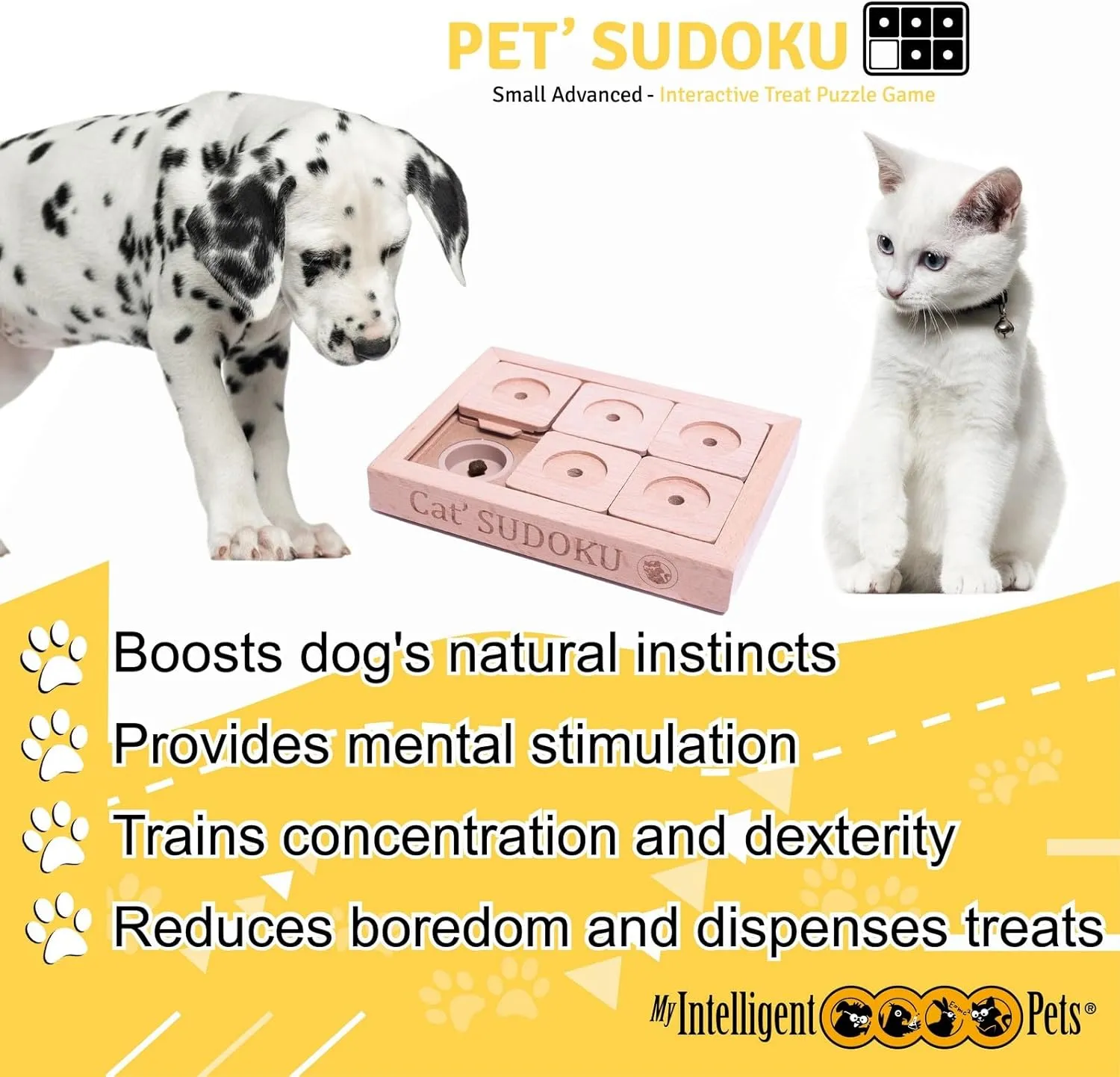 Interactive Wooden Sudoku Puzzle for Cats and Small Dogs - Advanced Brain Pet Toy - 6 Treat-Hiding Holes, Small All-Wood Design