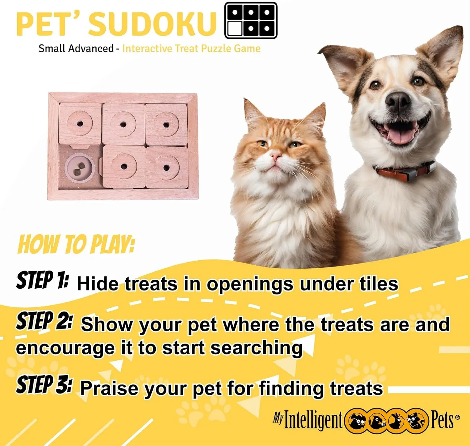 Interactive Wooden Sudoku Puzzle for Cats and Small Dogs - Advanced Brain Pet Toy - 6 Treat-Hiding Holes, Small All-Wood Design