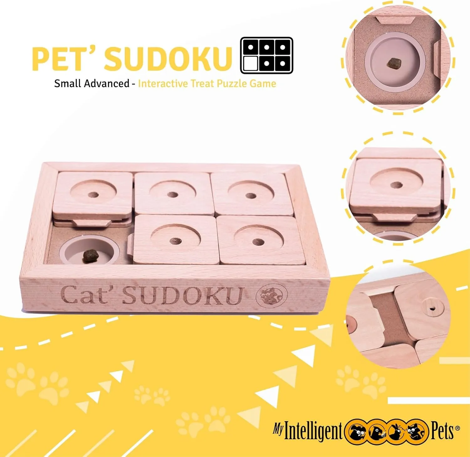 Interactive Wooden Sudoku Puzzle for Cats and Small Dogs - Advanced Brain Pet Toy - 6 Treat-Hiding Holes, Small All-Wood Design