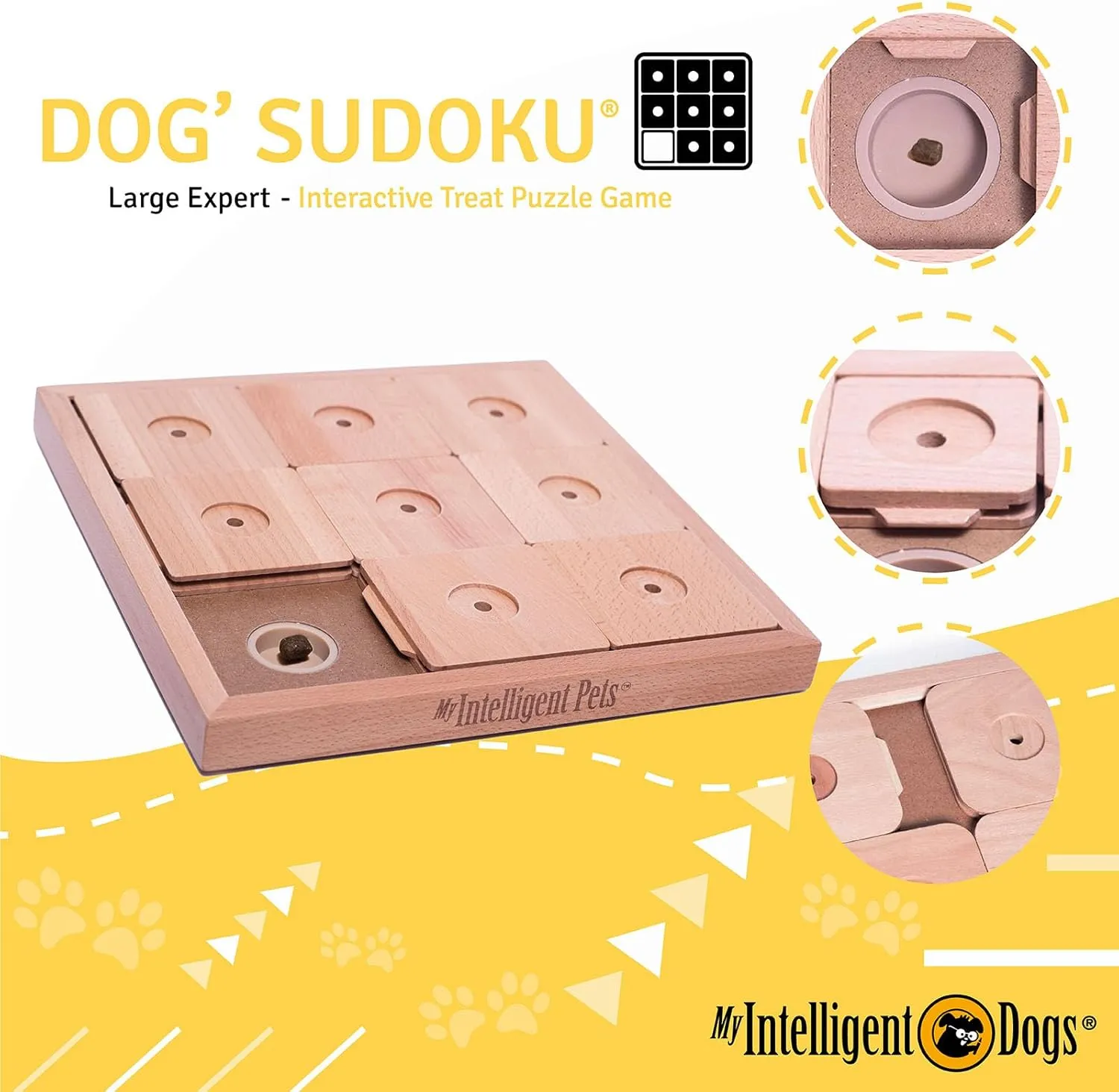 Interactive Wooden Sudoku Puzzle for Large Dogs - Expert Brain Pet Toy - 9 Treat-Hiding Holes, Large All-Wood Design