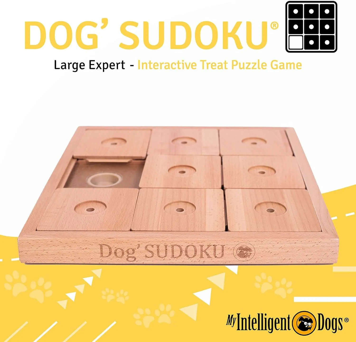 Interactive Wooden Sudoku Puzzle for Large Dogs - Expert Brain Pet Toy - 9 Treat-Hiding Holes, Large All-Wood Design