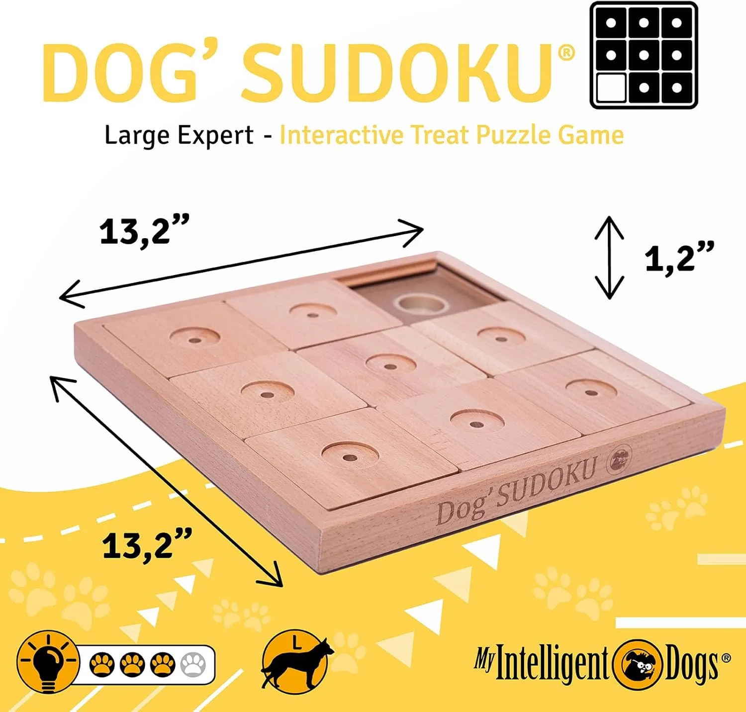 Interactive Wooden Sudoku Puzzle for Large Dogs - Expert Brain Pet Toy - 9 Treat-Hiding Holes, Large All-Wood Design