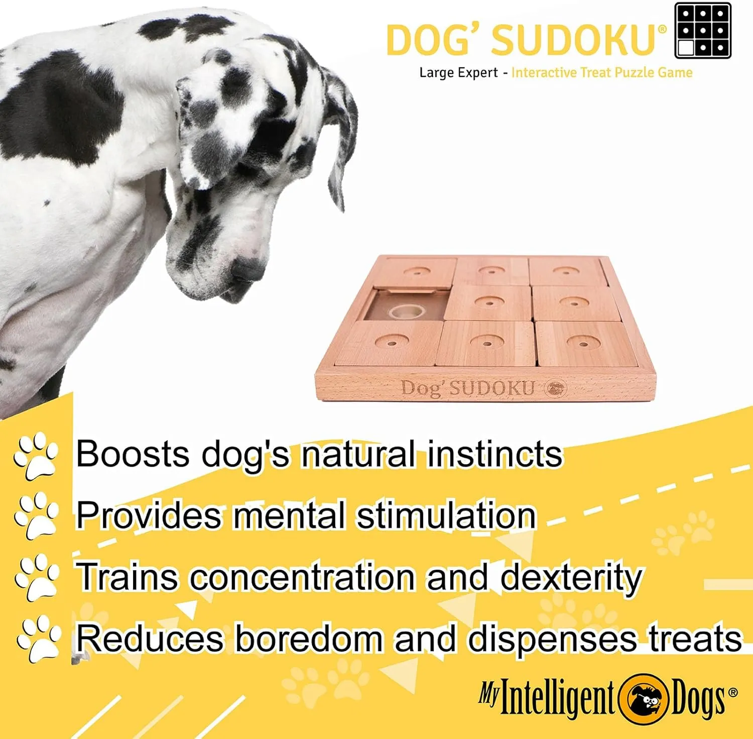 Interactive Wooden Sudoku Puzzle for Large Dogs - Expert Brain Pet Toy - 9 Treat-Hiding Holes, Large All-Wood Design