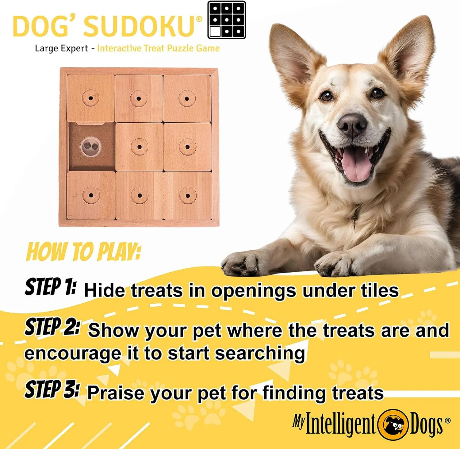 Interactive Wooden Sudoku Puzzle for Large Dogs - Expert Brain Pet Toy - 9 Treat-Hiding Holes, Large All-Wood Design