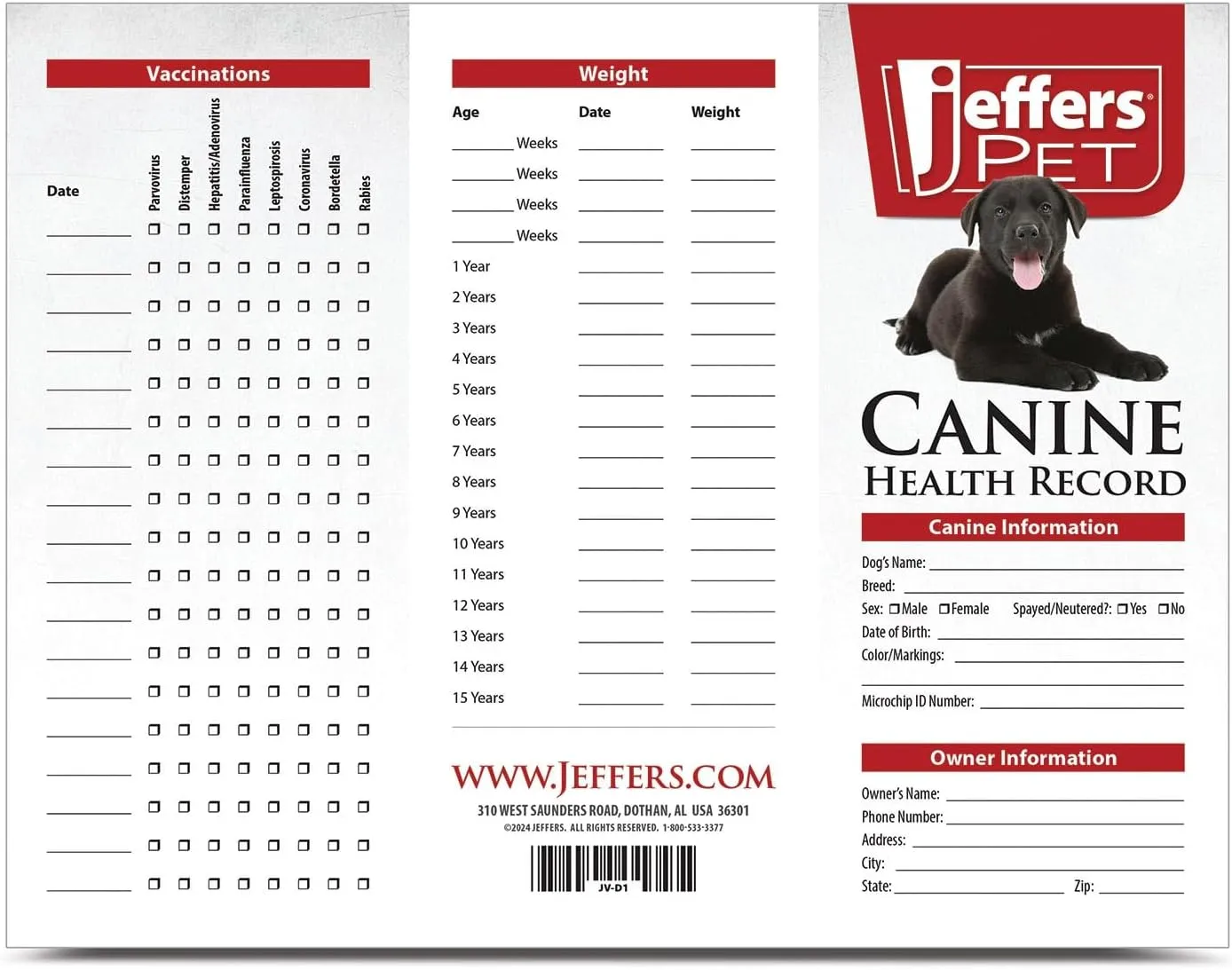 Jeffers Canine Health Records, Single Pack - Health Tracker & Monitor Logbook for Vaccinations, Treatment and Wellness, Includes Owner Info, Veterinary Record Keeper, Dog Care Organizer