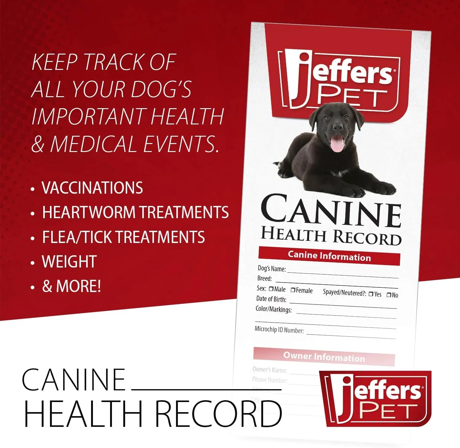 Jeffers Canine Health Records, Single Pack - Health Tracker & Monitor Logbook for Vaccinations, Treatment and Wellness, Includes Owner Info, Veterinary Record Keeper, Dog Care Organizer
